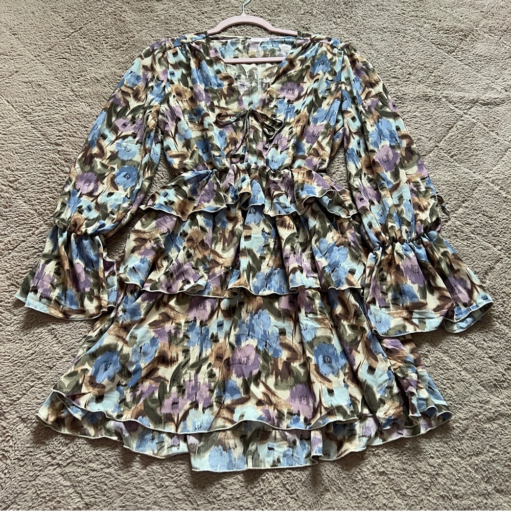 NWOT Free People Movement Floral Tiered Mini Dress Boho Cottage Homecoming Sz S